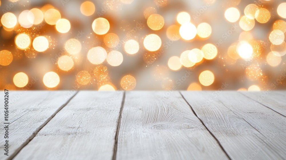 White wooden table on background with many light flares White wooden table on background with many light flares