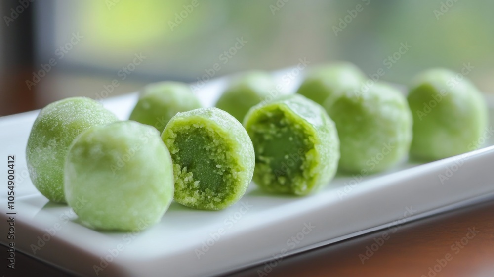 Light Matcha Sweets with Red Bean Filling on Minimalist Plate Light Matcha Sweets with Red Bean Filling on Minimalist Plate
