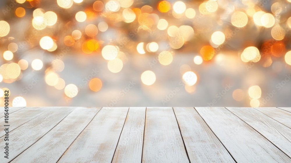 White wooden table on background with many light flares White wooden table on background with many light flares
