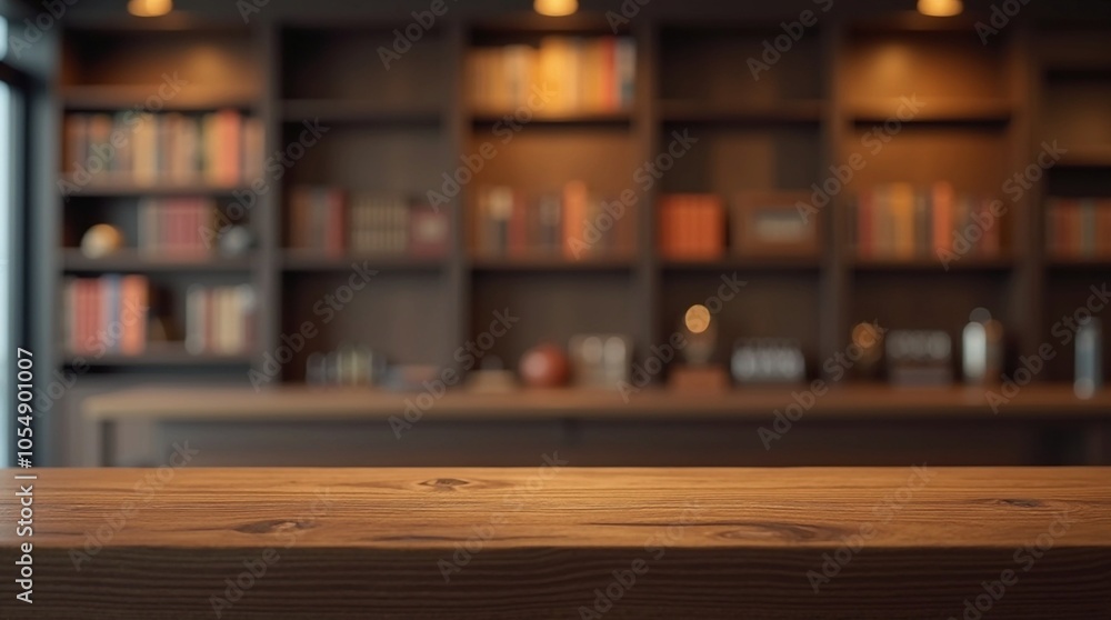 selective focus Counter bar, wood texture on library bookshelves room, with blurred room background selective focus Counter bar, wood texture on library bookshelves room, with blurred room background