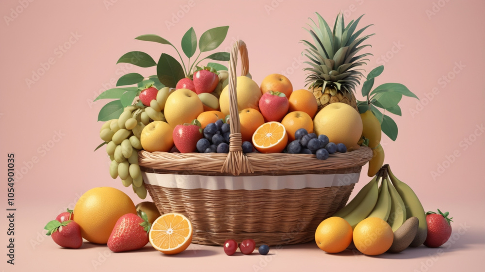 A charming fruit basket with a mix of juicy strawberries, peaches, and bananas, set on a pastel pink background, evoking a sense of summer and abundance. A charming fruit basket with a mix of juicy strawberries, peaches, and bananas, set on a pastel pink background, evoking a sense of summer and abundance.