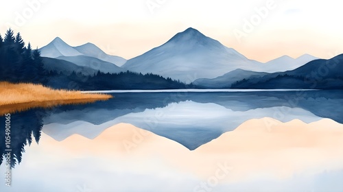 Watercolor Mountain Lake Reflection