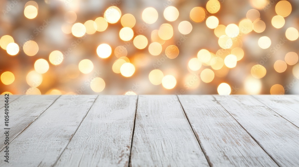 White wooden table on background with many light flares White wooden table on background with many light flares
