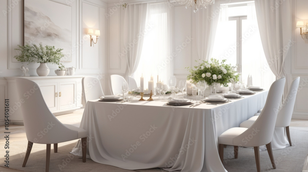 A chic white dining table adorned with minimalist decor, gleaming glassware, and subtle greenery, perfect for sophisticated yet cozy dinner parties. A chic white dining table adorned with minimalist decor, gleaming glassware, and subtle greenery, perfect for sophisticated yet cozy dinner parties.