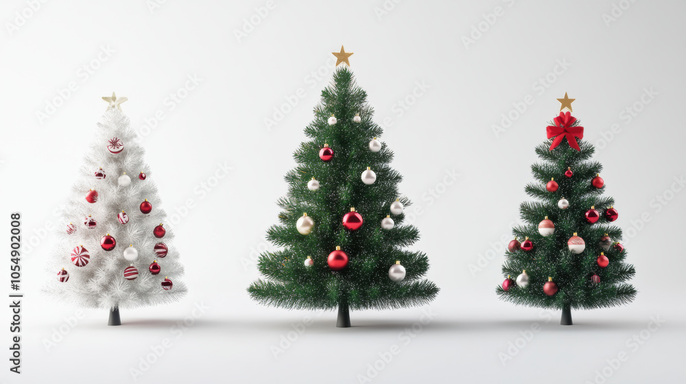 Three festive Christmas trees with different decorations, classic green, snowy white and festive red and white tree Three festive Christmas trees with different decorations, classic green, snowy white and festive red and white tree