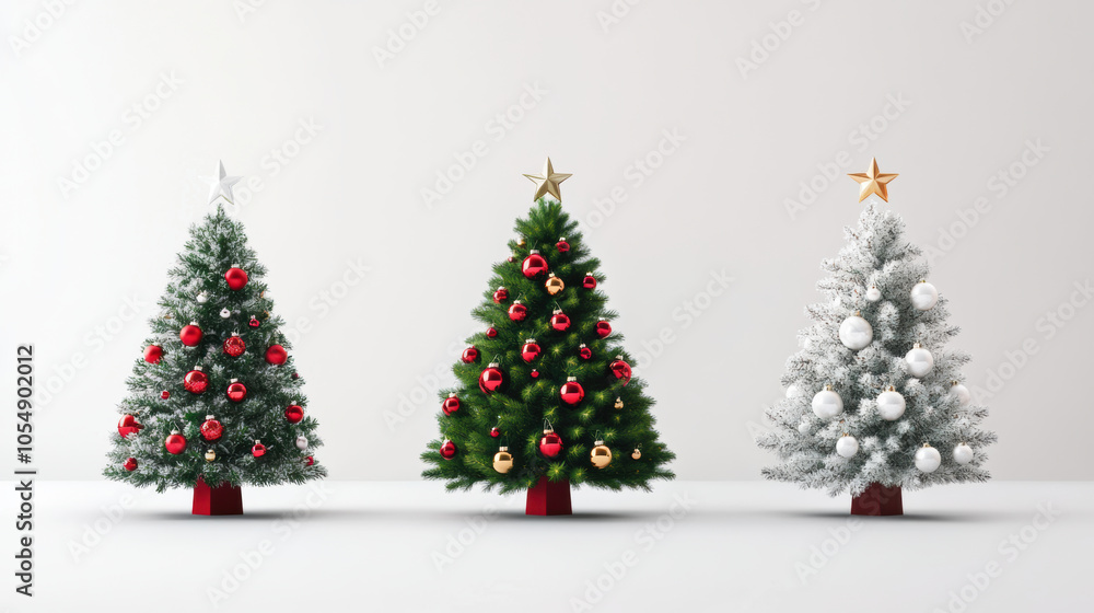 Three decorated Christmas trees with red and white ornaments on white background Three decorated Christmas trees with red and white ornaments on white background