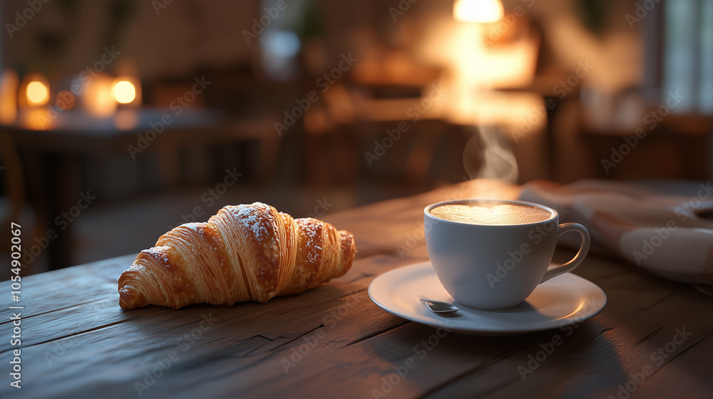 Cozy Morning Delight: A Cup of Coffee and Fresh Croissant Cozy Morning Delight: A Cup of Coffee and Fresh Croissant