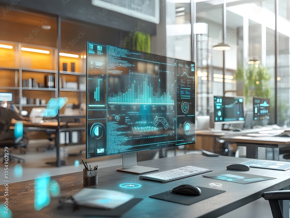 Modern office workspace featuring a futuristic computer with a data visualization display and sleek design. Modern office workspace featuring a futuristic computer with a data visualization display and sleek design.