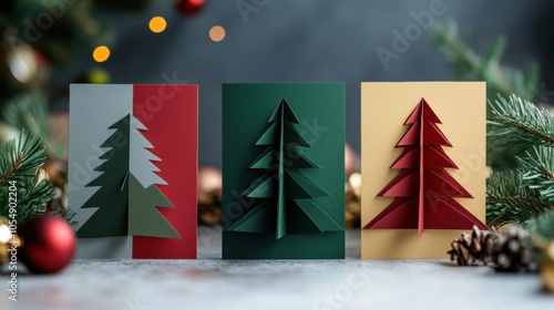 Three modern Christmas cards with minimalist paper cut Christmas trees