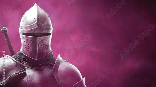 Gallant knight in medieval armor standing tall against a mystical background of purple hues and dramatic lighting