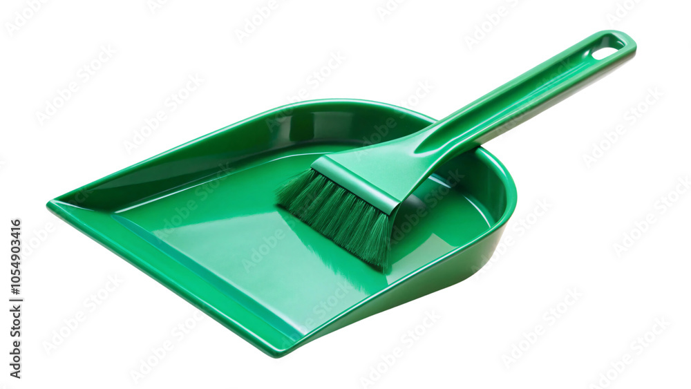 A bright green plastic dustpan paired with a matching small brush, set against a transparent background. The glossy surface adds a modern, functional appeal for everyday cleaning A bright green plastic dustpan paired with a matching small brush, set against a transparent background. The glossy surface adds a modern, functional appeal for everyday cleaning