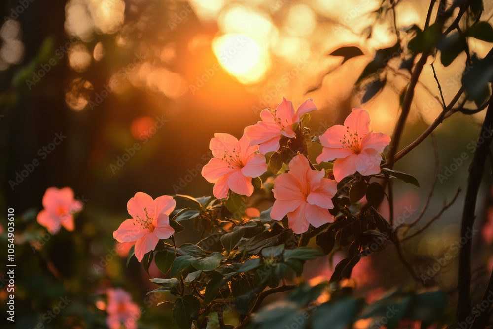 Pink flowers blooming in warm sunset light Pink flowers blooming in warm sunset light