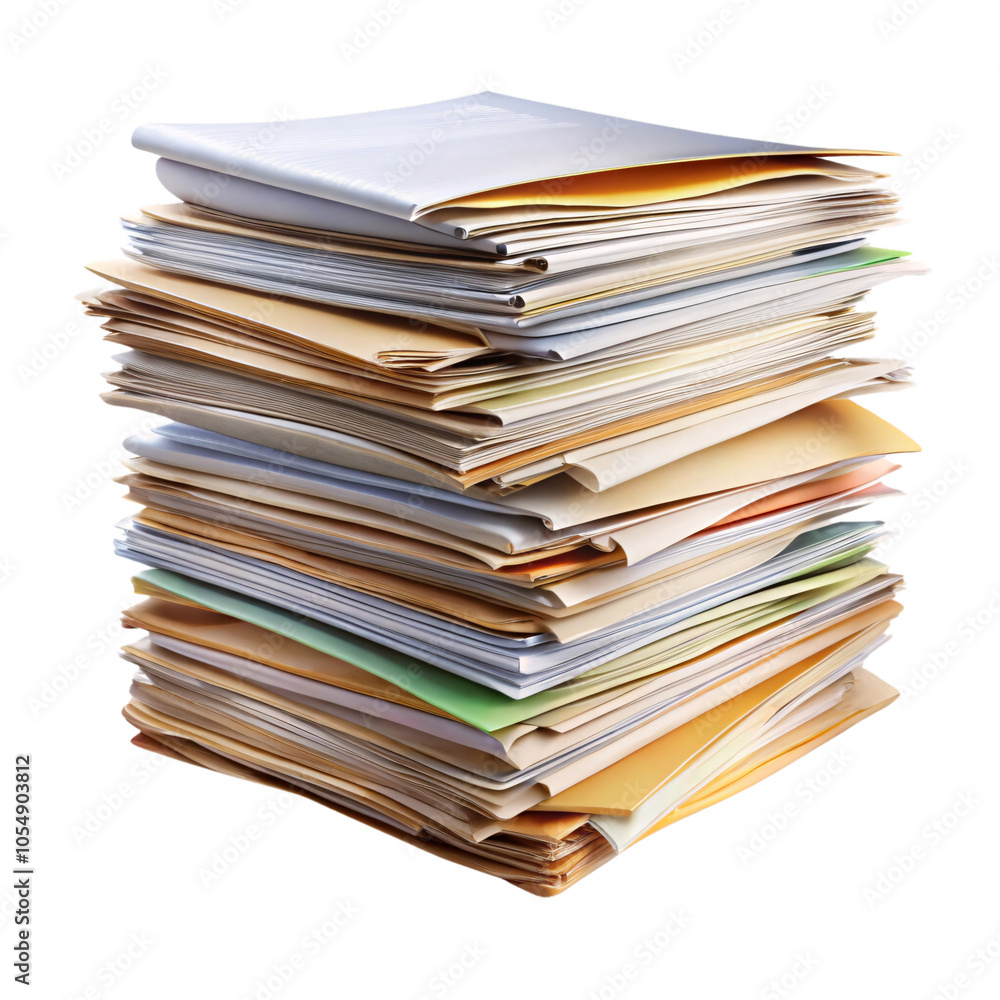 A large stack of colorful folders, neatly piled high, containing various documents, set against a transparent background. The paper edges create a layered effect of organized chaos A large stack of colorful folders, neatly piled high, containing various documents, set against a transparent background. The paper edges create a layered effect of organized chaos