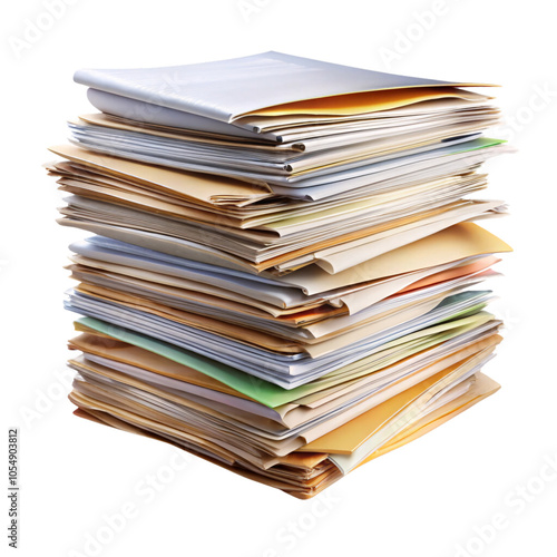 A large stack of colorful folders, neatly piled high, containing various documents, set against a transparent background. The paper edges create a layered effect of organized chaos