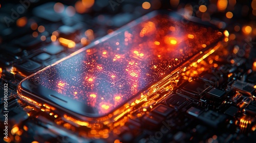 A vibrant depiction of a futuristic smartphone glowing on a circuit board with digital orange neon highlights.