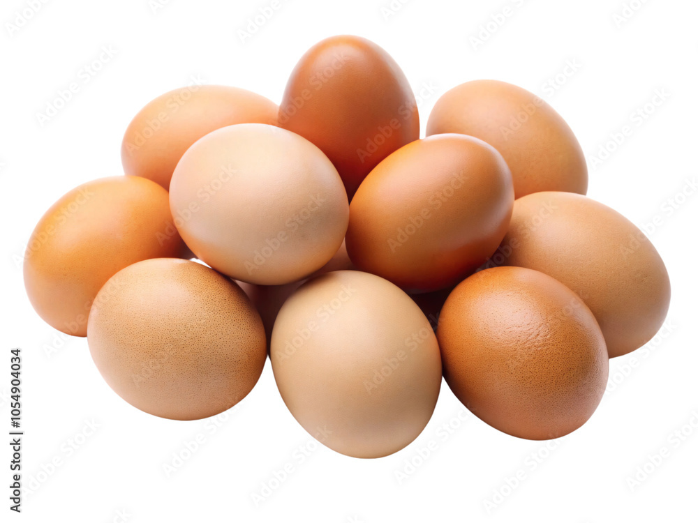 A neat arrangement of smooth brown eggs stacked together, showcasing a natural gradient of light and dark browns, emphasizing their fresh, organic appeal, set against a transparent background A neat arrangement of smooth brown eggs stacked together, showcasing a natural gradient of light and dark browns, emphasizing their fresh, organic appeal, set against a transparent background