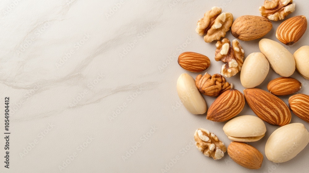 Assortment of mixed nuts scattered on white background, closeup view of healthy snacks, perfect for various culinary uses. Assortment of mixed nuts scattered on white background, closeup view of healthy snacks, perfect for various culinary uses.
