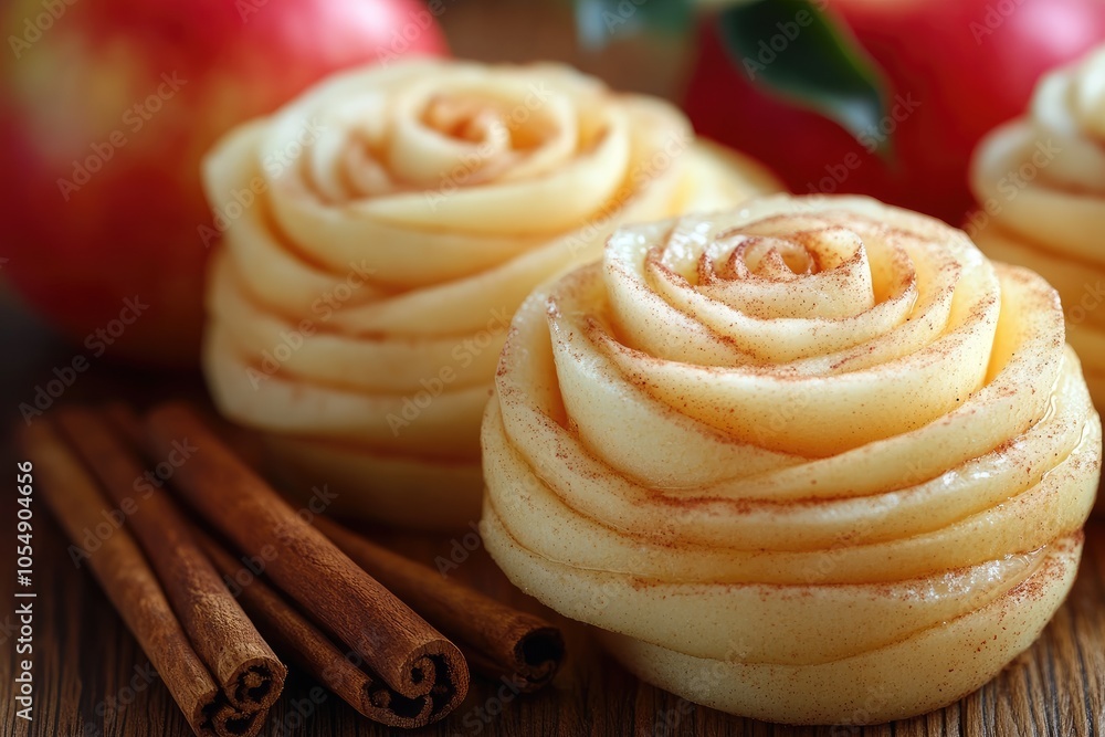 Fototapeta premium Delicious apple roses sprinkled with cinnamon and spices resting on wooden table