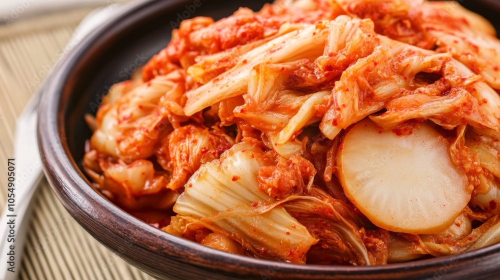 Spicy Kimchi Side Dish on Rustic Wooden Table Spicy Kimchi Side Dish on Rustic Wooden Table