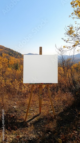 Blank canvas on wooden easel in beautiful autumn landscape inspiring creativity photo