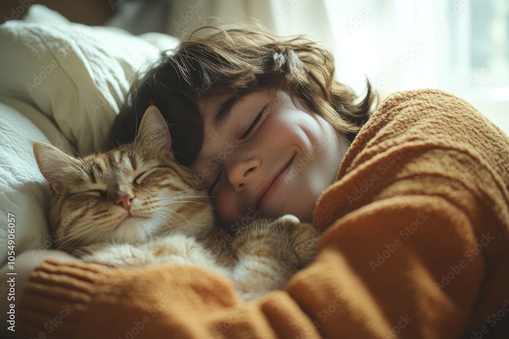 Happy child sleeping and hugging a ginger cat on the sofa Happy child sleeping and hugging a ginger cat on the sofa