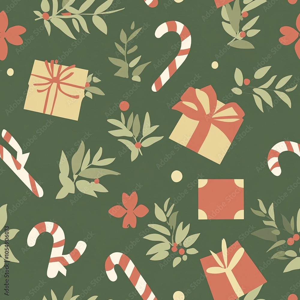 Christmas Seamless Pattern with Gifts Candy Canes and Floral Elements Christmas Seamless Pattern with Gifts Candy Canes and Floral Elements