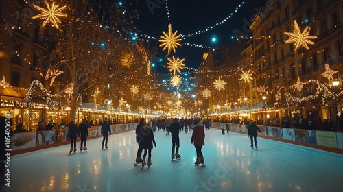 People skating on ice rink during christmas season in barcelona