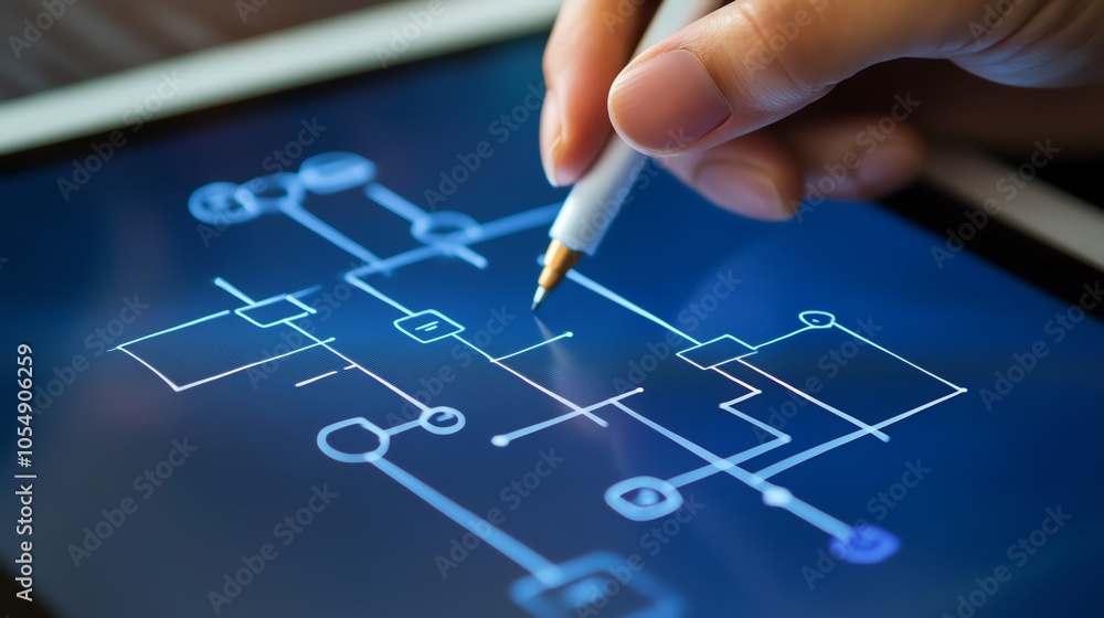 Close-up of a hand using a stylus on a digital tablet with futuristic circuit diagram, symbolizing innovation and technology. Close-up of a hand using a stylus on a digital tablet with futuristic circuit diagram, symbolizing innovation and technology.