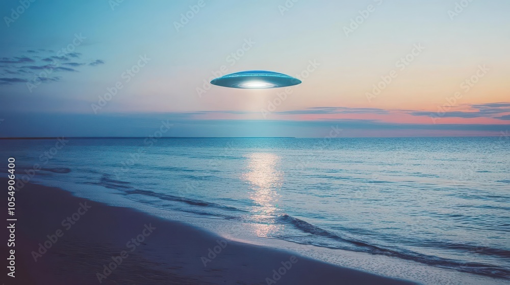 A UFO appearing above a tranquil beach, its lights casting reflections on the calm ocean waves at twilight A UFO appearing above a tranquil beach, its lights casting reflections on the calm ocean waves at twilight