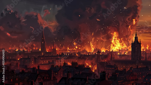 Impressionistic depiction of the Great Fire of London, with flam photo