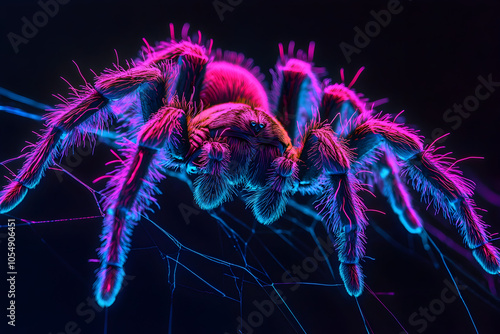 A bold neon depiction of a hairy tarantula traversing a web in isolation on a dark background -- ar 3:2 --s 50 photo