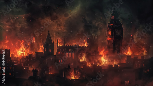 Impressionistic depiction of the Great Fire of London, with flam