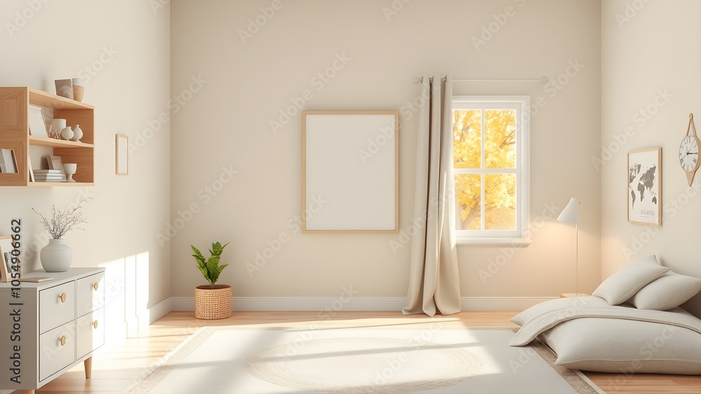 Fototapeta premium Minimalist Blank Frame in Cozy Kid's Room with Autumn Window