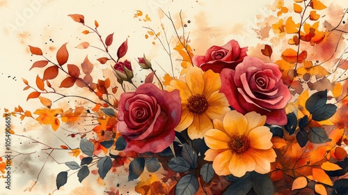 Wallpaper Mural Autumn bouquet with red and yellow roses and falling leaves Torontodigital.ca