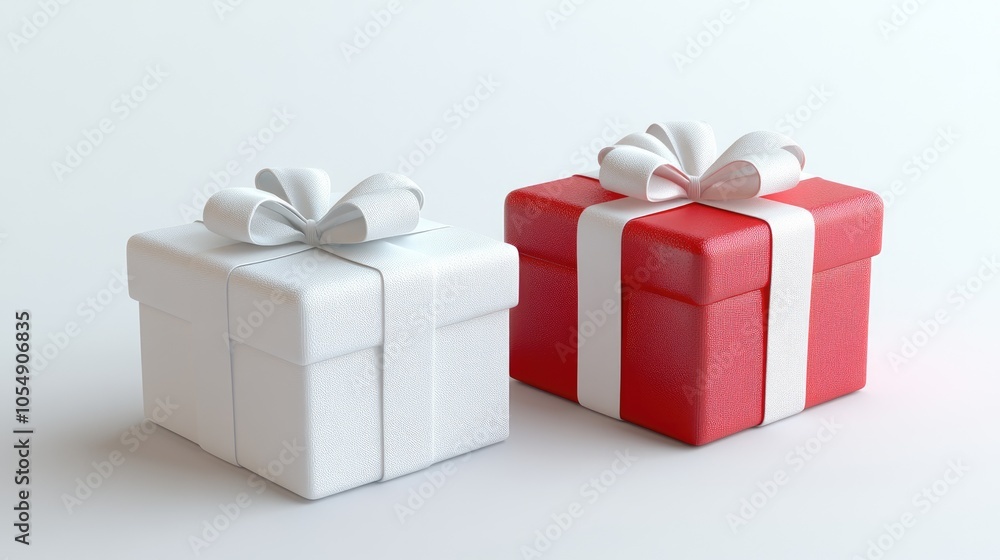 Red and white gift boxes wrapped with ribbons on white background Red and white gift boxes wrapped with ribbons on white background