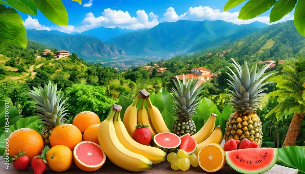 Colorful Summer Fruits, Mountain Tree Background - Fresh and Vibrant Orange, Banana, Watermelon, Linguine, Pineapple Feel the Beauty of Nature Background Colorful Summer Fruits, Mountain Tree Background - Fresh and Vibrant Orange, Banana, Watermelon, Linguine, Pineapple Feel the Beauty of Nature Background