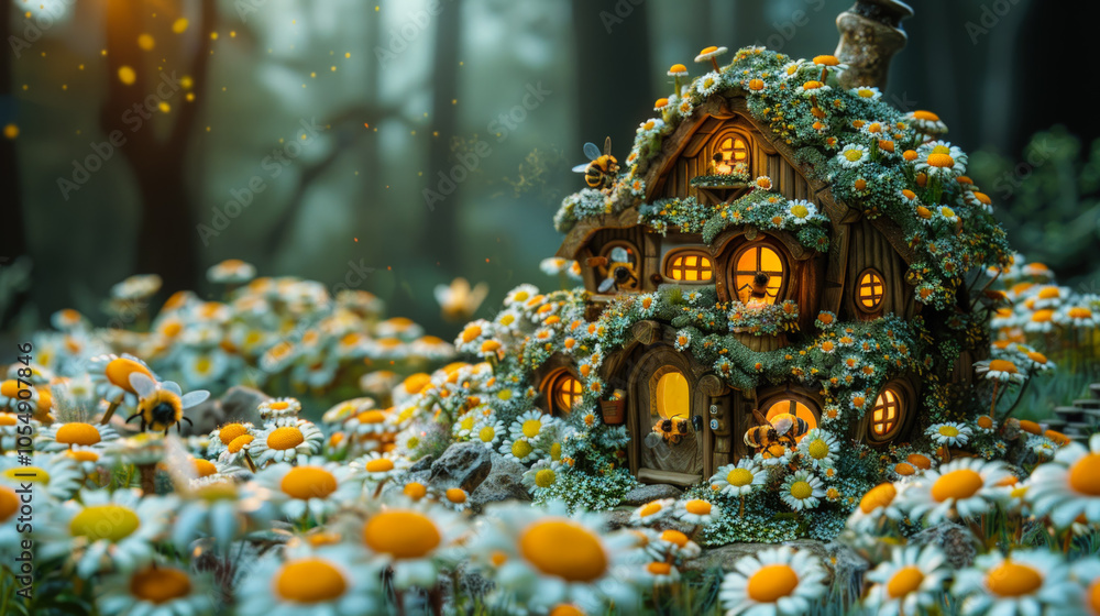 Obraz premium Whimsical Cottage Surrounded by Daisies in Forest 