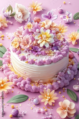 White Cake with Flowers