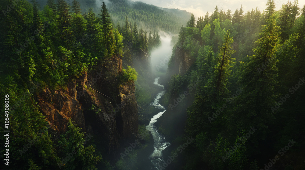 Obraz premium Overhead perspective of a forested canyon with steep cliffs on either side, a narrow river running through the middle, surrounded by tall pine trees, mist rising from the water under soft light.