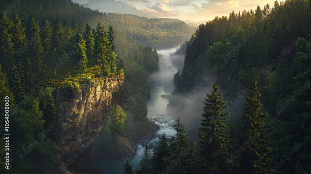 Fototapeta premium Overhead perspective of a forested canyon with steep cliffs on either side, a narrow river running through the middle, surrounded by tall pine trees.