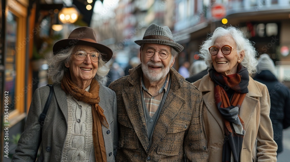 Three elderly individuals smiling together on a lively street. Three elderly individuals smiling together on a lively street.