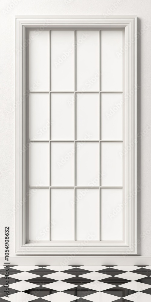 A minimalist white window with a grid design, framed elegantly, set against a textured wall and a contrasting black and white checkered floor. A minimalist white window with a grid design, framed elegantly, set against a textured wall and a contrasting black and white checkered floor.