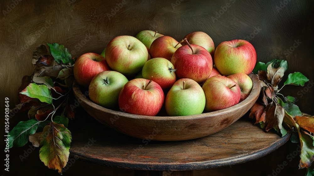 Close-up of a wooden bowl filled with assorted red and green apples, resting on a rustic table, complemented by green and brown foliage. Close-up of a wooden bowl filled with assorted red and green apples, resting on a rustic table, complemented by green and brown foliage.