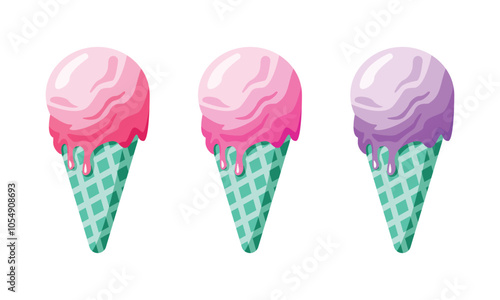 Vector illustration of ice cream in a waffle cone. Ice cream in pink and purple colors with green cones isolated on white background photo