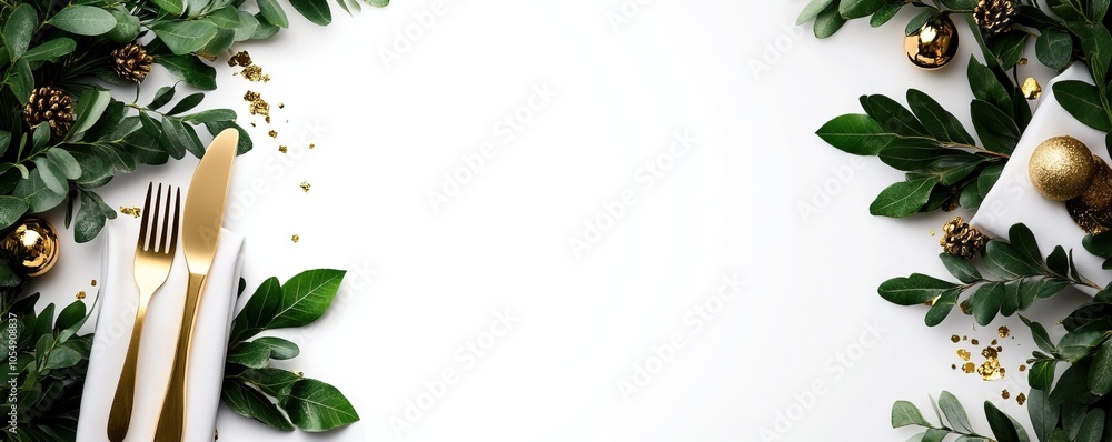 A festive table setting with gold cutlery and lush greenery, perfect for holiday celebrations or special occasions. A festive table setting with gold cutlery and lush greenery, perfect for holiday celebrations or special occasions.