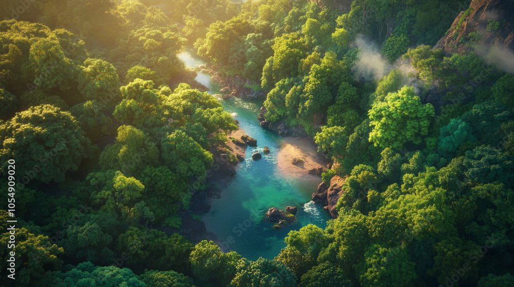 Aerial view of a tranquil forest clearing with a crystal-clear stream running through, surrounded by towering trees, patches of sunlight shining through the canopy, creating a serene natural scene. Aerial view of a tranquil forest clearing with a crystal-clear stream running through, surrounded by towering trees, patches of sunlight shining through the canopy, creating a serene natural scene.