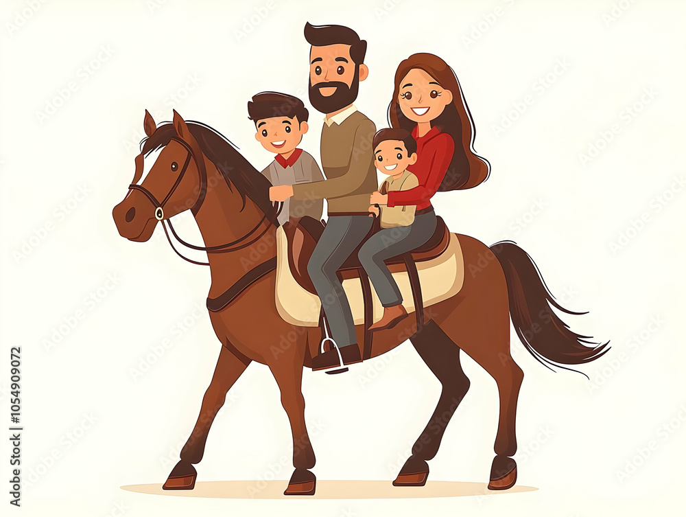 Flat Plain Farm Family Horseback Riding Scene Vector Illustration - Family Adventure on Farm, Connection to Nature, Excitement of Riding, Copy Space for Text, Simple Vector Design Flat Plain Farm Family Horseback Riding Scene Vector Illustration - Family Adventure on Farm, Connection to Nature, Excitement of Riding, Copy Space for Text, Simple Vector Design