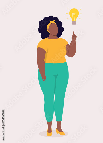 One Plus Size Black Woman Thinking With One Index Finger Pointing Up A Yellow Light Bulb.