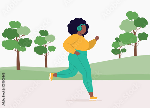 Side View Of One Overweight Black Woman In Activewear Running While Listening Music With Headphones In The Park.