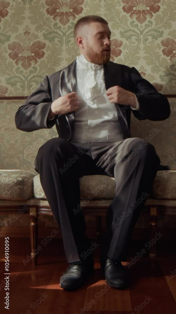 Vertical of aristocratic young man in formal suit gazing tohis right as sitting on vintage sofa in elegantly decorated room with floral wallpaper and wooden floors, evoking classic, retro atmosphere Vertical of aristocratic young man in formal suit gazing tohis right as sitting on vintage sofa in elegantly decorated room with floral wallpaper and wooden floors, evoking classic, retro atmosphere